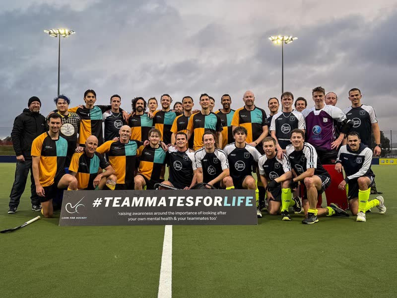 Hockey ACT Instagram post for the 2025 Mental Health Round: two men's teams behind the Livin for Hockey #TeammatesForLife banner